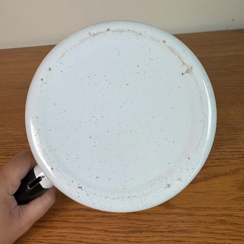 Vintage White Speckled Enamelware Saucepan Black Trim Graniteware Pot